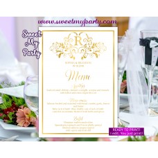 Gold Wedding Menu with Monogram,gold wedding menu,(112w)